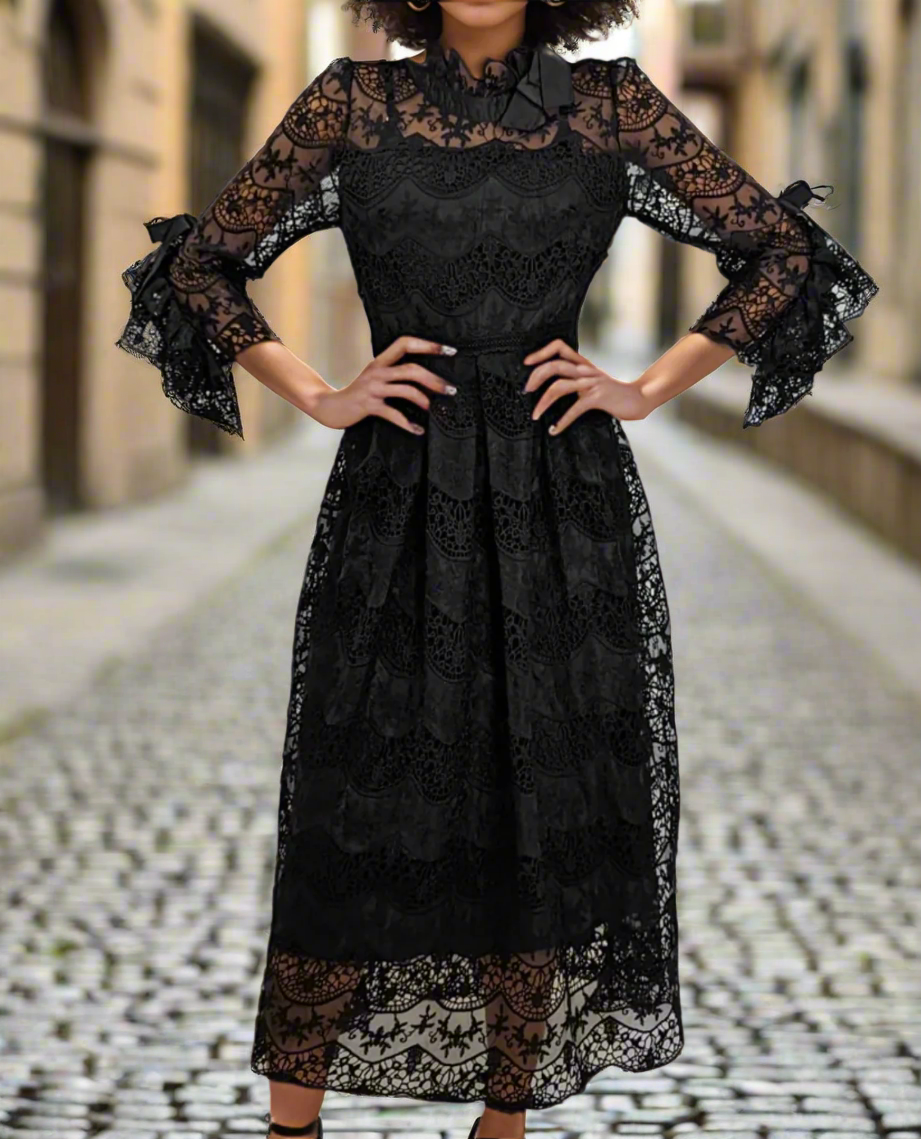 bow detail lace trim a line midi dress in black Accent Farm Rio Jacquard Lurex Fabric Category:WOVEN Maxi dresses The Bebe Size:5XL | 38 (for waist size 42