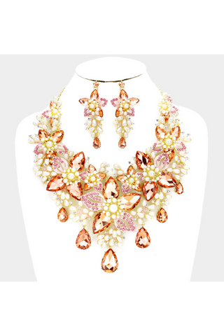 Crystal Pearl Flower Vine Evening Necklace