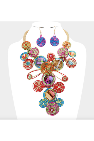 Bead Accented Swirl Metal Wire Statement Necklace