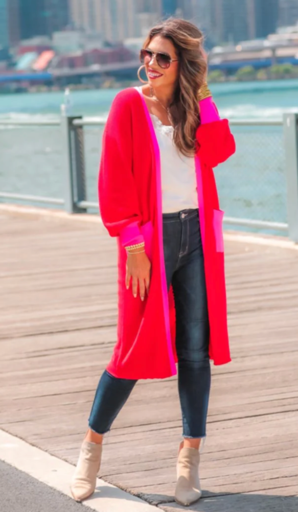 Red Colorblock Open Front Long Sweater