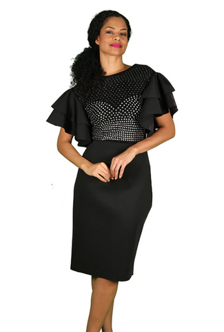 Diana Couture Ruffle Sleeve Dress Rhinestone Black Dress