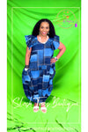 Pleated Sleeve Bubble Denim Print Dress