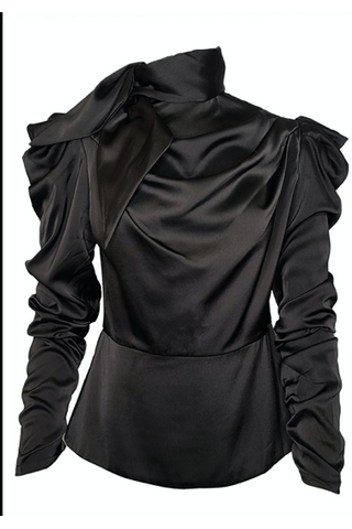 Ruched Sleeve Satin Black Blouse