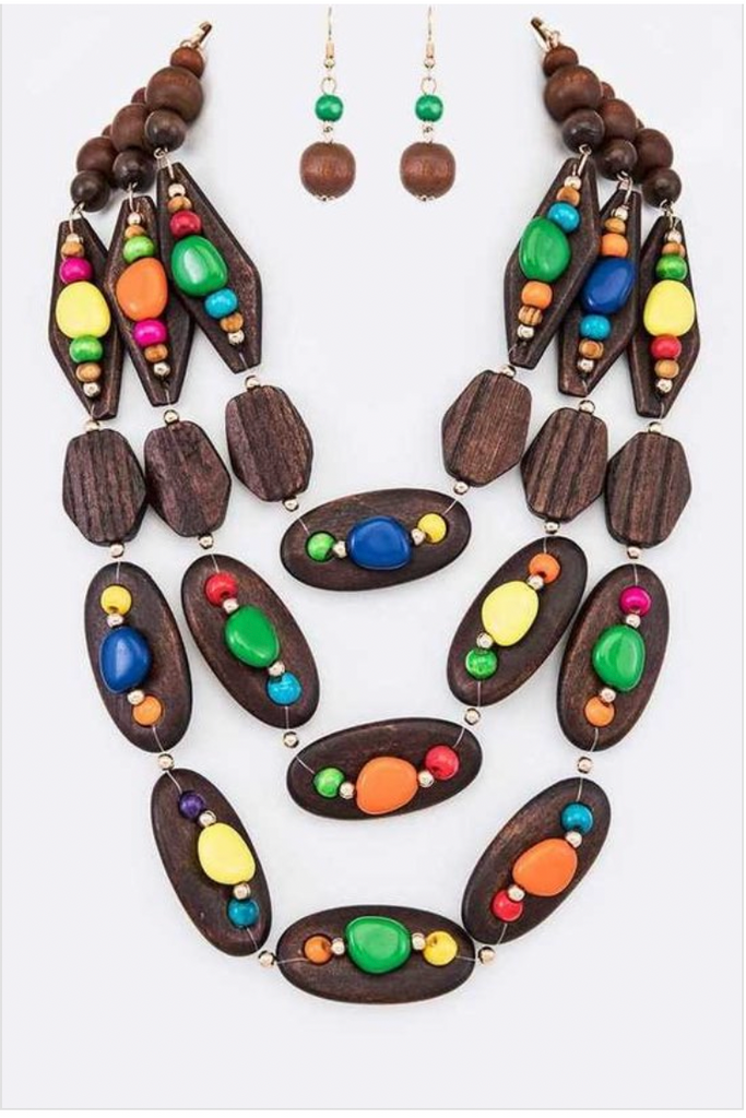 Mix Wooden Beads Statement Layer Necklace Set