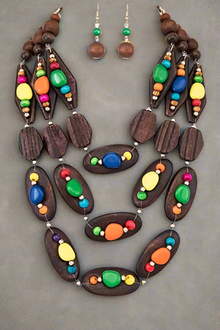 Mix Wooden Beads Statement Layer Necklace Set