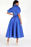 Royal Blue Polkadot Puff Sleeve Bow Dress