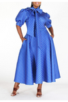 Royal Blue Polkadot Puff Sleeve Bow Dress