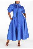 Royal Blue Polkadot Puff Sleeve Bow Dress
