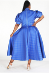 Royal Blue Polkadot Puff Sleeve Bow Dress