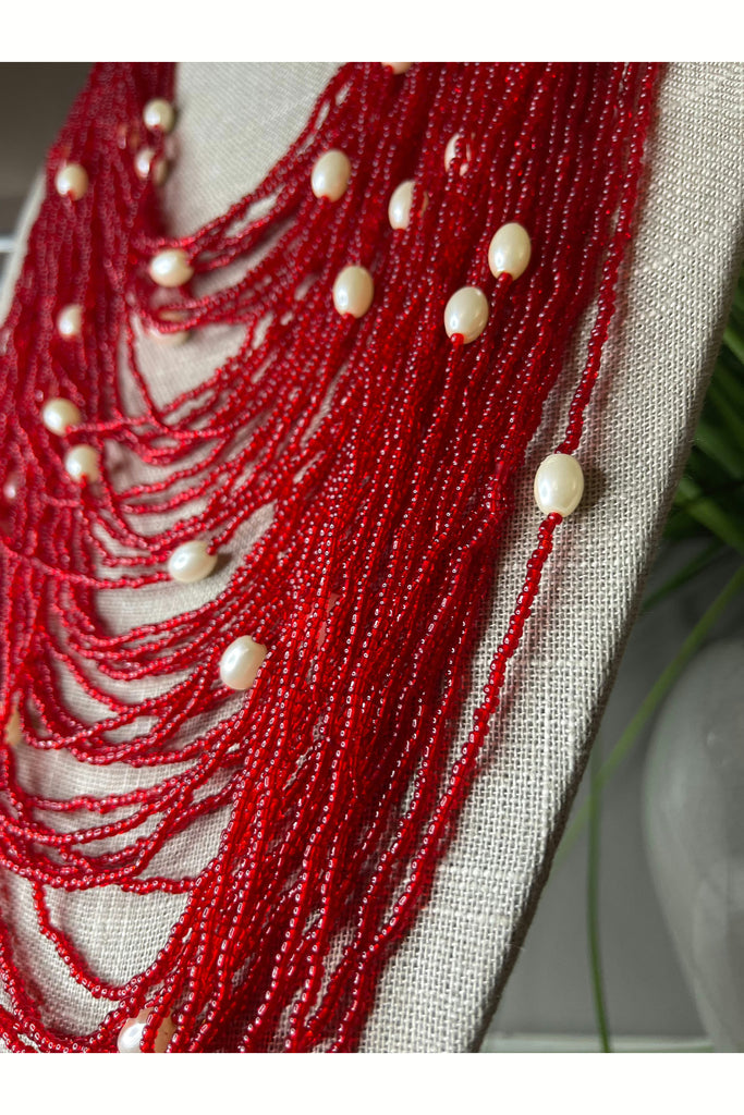 Tribal Multi-strand Red Bead Pearl Necklace Set