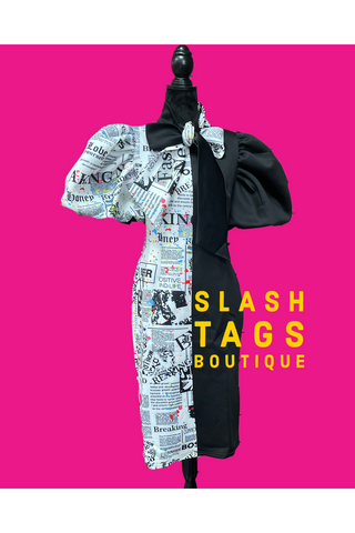 Black and Newsprint Puff Sleeve Dress