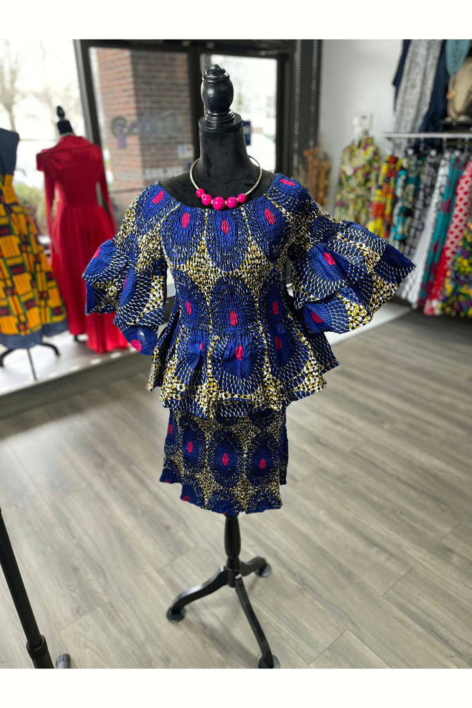 African Print Tiered Sleeve Top and Skirt Set