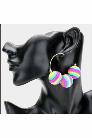 Two Tone Thread Wrapped Triple Ball Metal Half Hoop Earrings