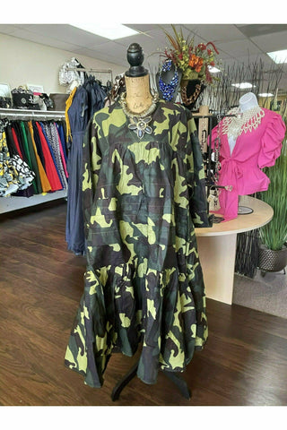 Camouflage Long Print Tiered Maxi Dress