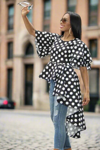 Polka Dot Peplum Asymmetrical High Low Top